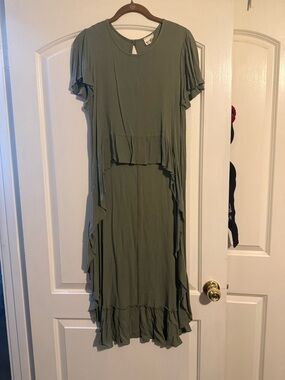 Three Bird Nest Olive Green Asymmetrical Ruffle Crop Top